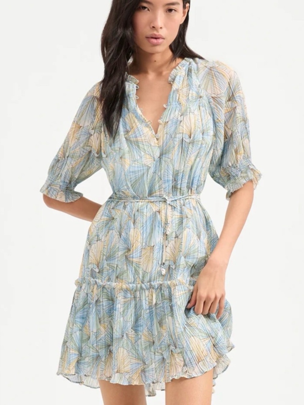 Veronica Beard Blue Cream Floral Ruffle Tie-Waist Mini Dorrie Dress